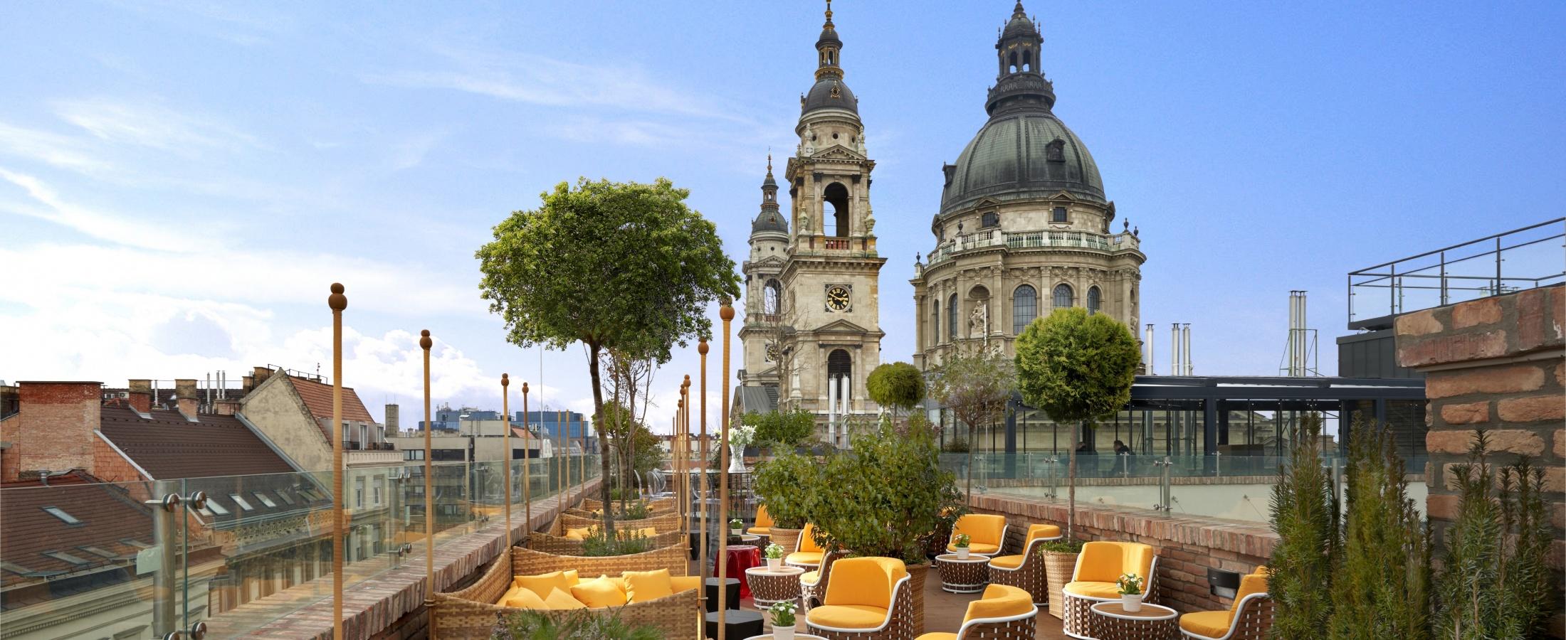High Note SkyBar at Aria Hotel Budapest offers gorgeous views of the city and St. Stephen's Basilica.