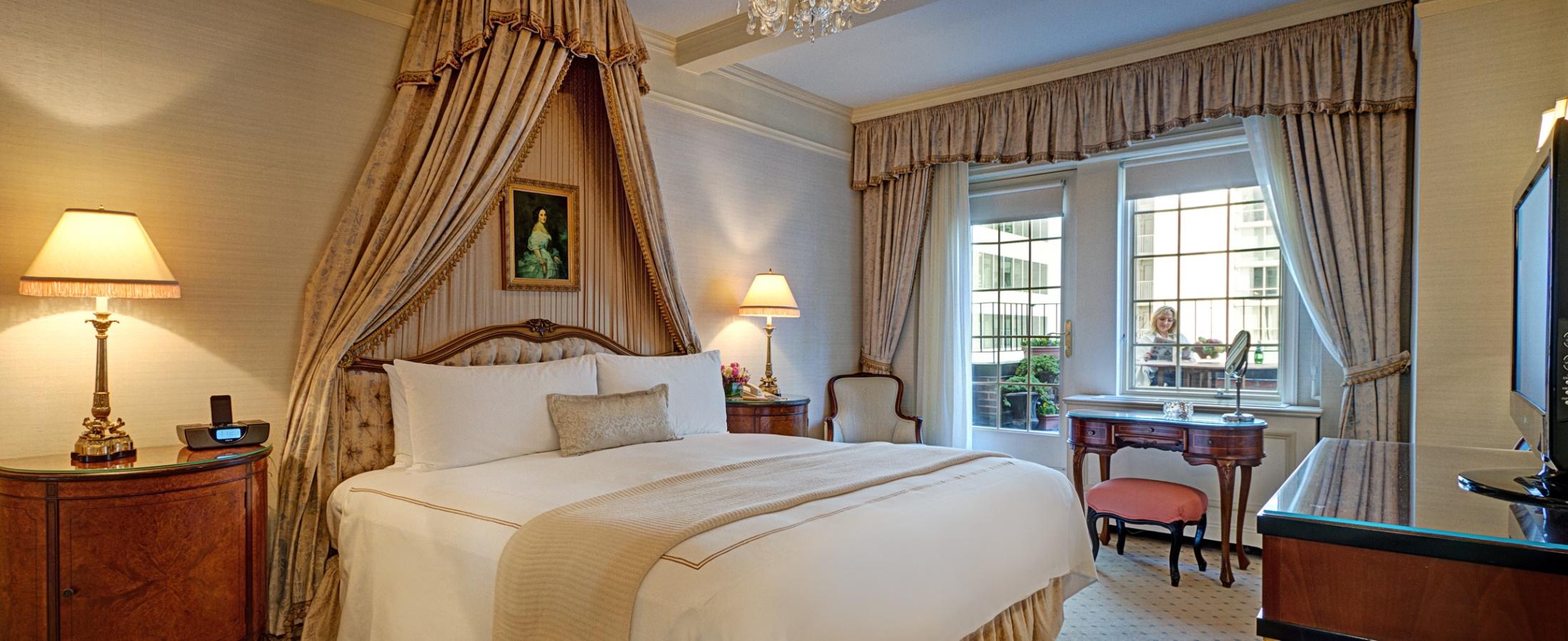 The bedroom of the Presidential Suite honoring Vladimir Horowitz at the Hotel Elysee.