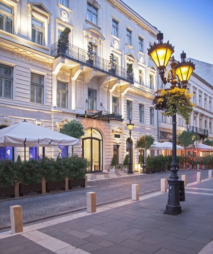 Charming little street of the St. Stephen's Basilica and main entrance of Aria Hotel Budapest